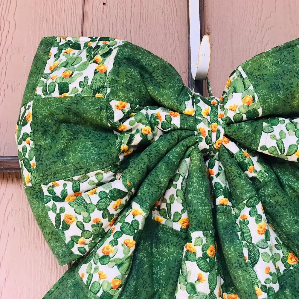 Giant Large Quilted Door Bow, Seasonal, Oversized Fabric Bow Southwestern Cactus